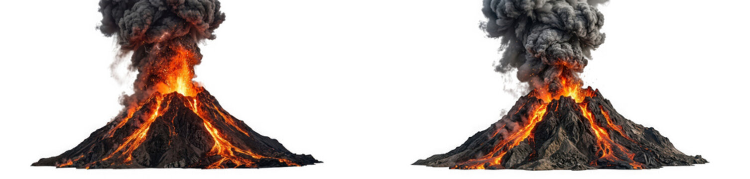 Two erupting volcanoes with lava flows and smoke plumes isolated on transparent background