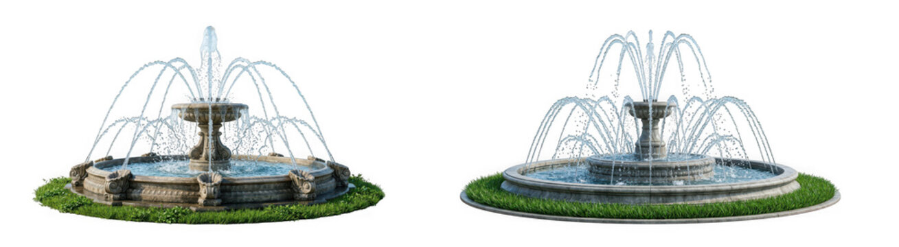 Two classic stone garden fountains with water jets isolated on transparent background