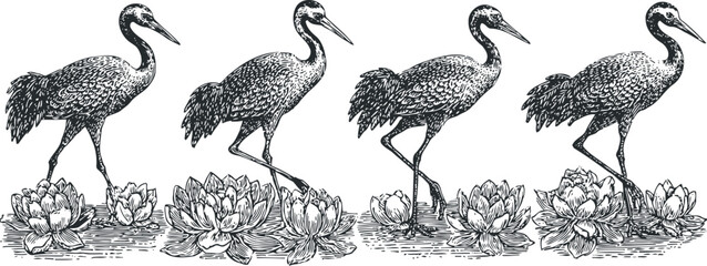 Fototapeta premium crane birds walking among lotus flowers vintage set hand drawn illustration