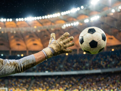 Goalkeeper gloved hand reaching to save a soccer ball mid-air during a dynamic football match at a lit stadium with a blurred crowd background