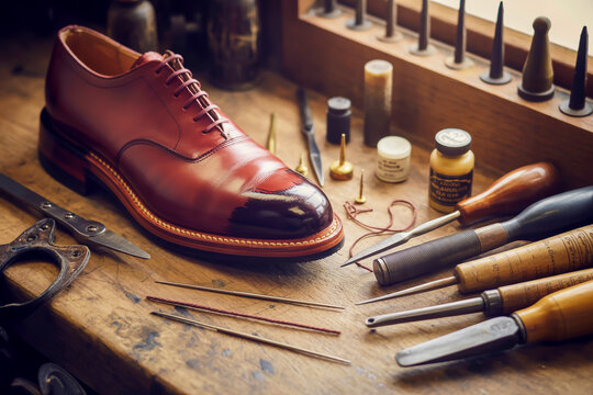 Handcrafted leather shoe and shoemaking tools on a wooden workbench craftsman