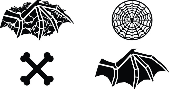 Spooky Halloween vector silhouette icon set featuring a complex bat swarm wing, circular spider web, crossed bones, and skeletal bat wing structure.