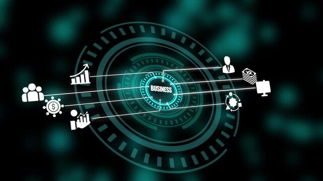 Digital business hud interface with animated financial and data analytics infographic technology
