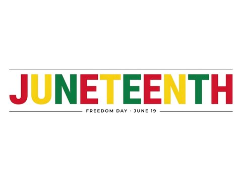 Juneteenth Freedom Day June 19th celebration text logo with red yellow green letters