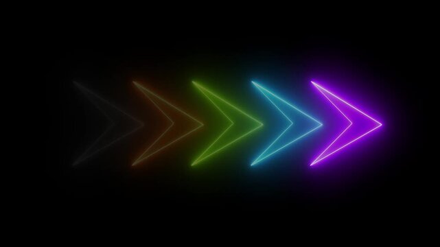 Dynamic neon arrow indicators with glowing multicolor light trails on black background, arrows