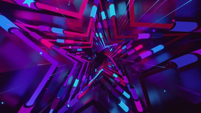 Seamless digital star vortex with rhythmic motion and glowing geometric elements, creating a deep perspective background for stage screens and event displays.