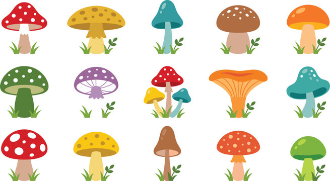  Flat Design Mushroom and Fungus Vector Icon Set with Magic Toadstools for Creative Autumn Patterns, Children Books, and Forest Nature Illustration Projects