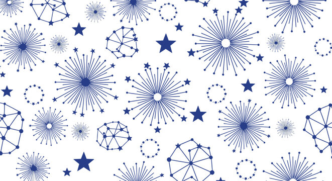 Fireworks network pattern connects blue stellar geometric nodes on a white background.