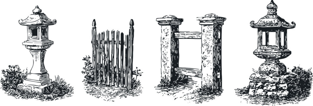 japanese garden elements set traditional stone lanterns and wooden gates illustration
