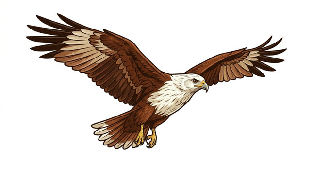 Flying bald eagle vector illustration with spread wings isolated on white background