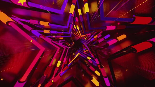 Seamless loop of a star-shaped tunnel. Abstract digital vortex with rhythmic motion and glowing geometric elements, creating a deep perspective background for stage screens and event displays.