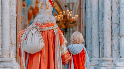 Obraz premium Medieval European Bishop Costume with Child in Historical Setting