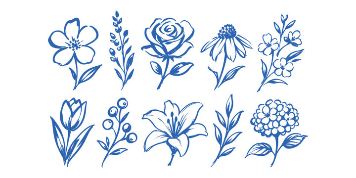 flower elements and botanical blossom doodle icon set with rose lily tulip and hydrangea branch vector illustration