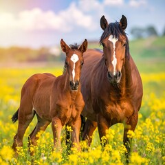 Obraz premium Two brown horses with white markings on their foreheads