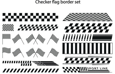 Naklejka premium Checker flag border set. Racing checkered frame patterns collection, motorsport rally finish line banners, and abstract sport car speed decal vector elements