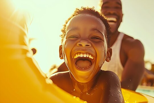 Happy African American father and son laughing together on a water slide at the pool during summer vacation