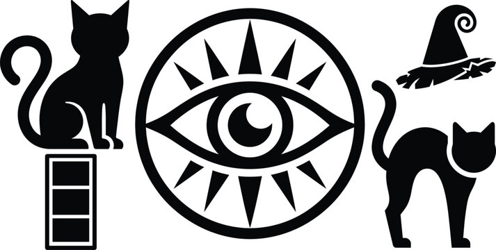 Spooky Halloween vector silhouette icon set in a digital workspace featuring a black cat on blocks, a selected mystic all-seeing eye, and a cat wearing a witch hat.