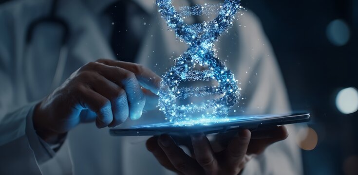 Abstract luminous DNA molecule. Doctor using tablet and check with analysis chromosome DNA genetic of human on virtual interface. Medicine. Medical science and biotechnology.