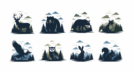 Fototapeta premium Wildlife Forest Mountain Silhouette Illustrations.