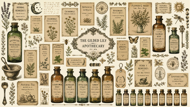Vintage apothecary labels and botanical medicine bottles, antique herbalist ephemera collection, Victorian pharmacy jars with hand-drawn herbs