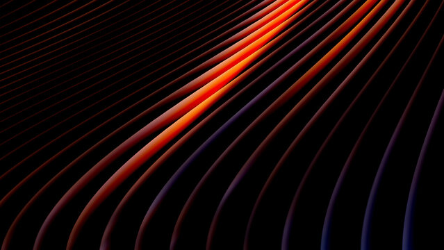 Abstract glowing red and dark curved lines background featuring a dynamic flow of parallel tubes creating a futuristic 3d perspective and minimalist geometric pattern for modern digital design