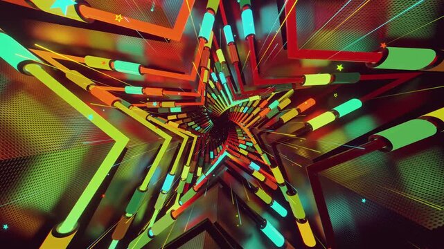 Seamless loop of a star-shaped tunnel. Abstract digital vortex with rhythmic motion and glowing geometric elements, creating a deep perspective background for stage screens and event displays.