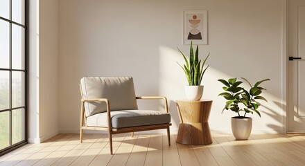 Fototapeta premium Minimalist living room with armchair and potted indoor plants