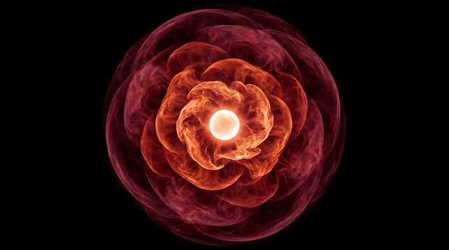 Abstract Red Smoke Blossom Sphere with Glowing Center on Black Background