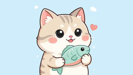 Fototapeta premium Cute cartoon cat, holding fish, adorable kawaii illustration, pet animal, vector character isolated on Transparent Background