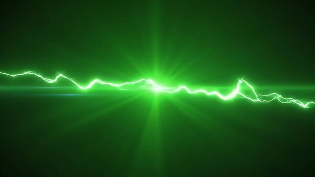 Vibrant green electrical energy bolt with bright central glow against a dark background.