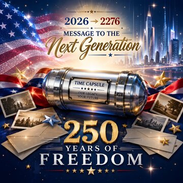 Patriotic time capsule for 250 years of freedom, message to the next generation 2026 to 2276, American flag and futuristic city background