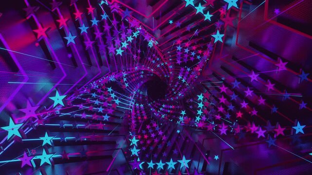 Seamless digital star vortex with rhythmic motion and glowing geometric elements, creating a deep perspective background for stage screens and event displays.