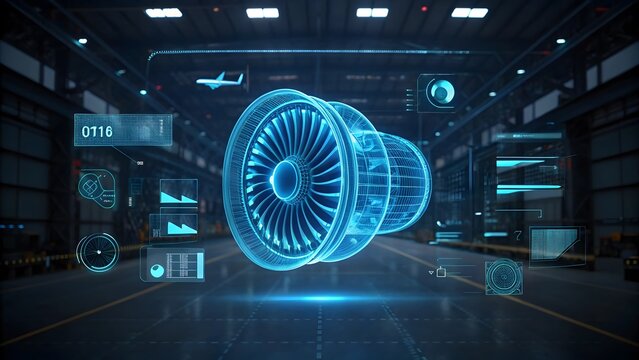 Industrial jet engine hologram floating in modern factory hanger with digital interface data and technical schematic blue.