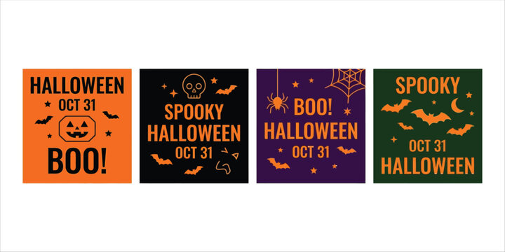 Set of four spooky halloween greeting cards with text