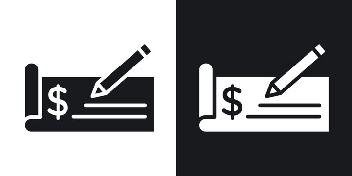 Signing cheque icons in solid black and white collection