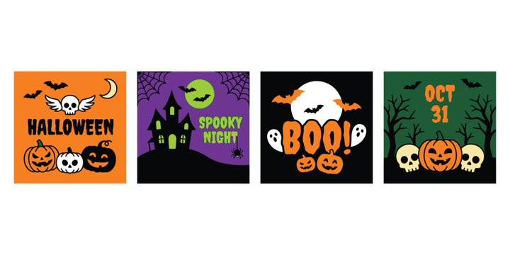 Set of four cute halloween cards with pumpkins and skulls