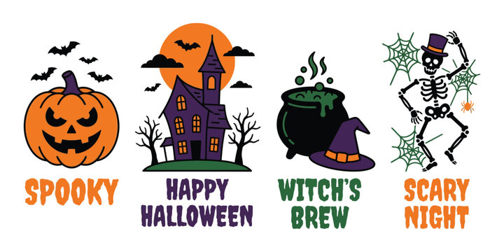 Set of spooky halloween icons with pumpkin and skeleton