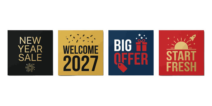 Set of four colorful new year 2027 sale and greeting cards