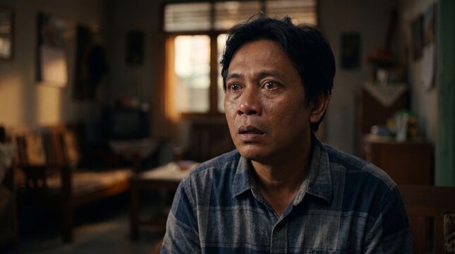 Cinematic portrait of an Indonesian man named Rian with a frozen wideeyed numb expression, light reflecting off tears, expressing grief, shock, and sadness in a domestic home setting.