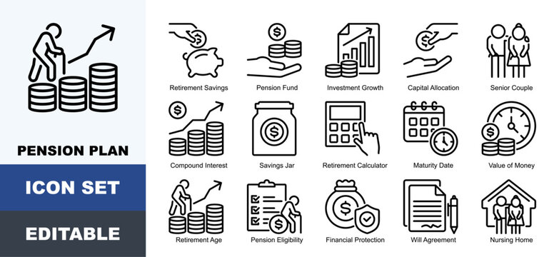 Pension Plan Icon Pack Featuring Retirement Savings, Investment Growth, Capital Allocation, Senior Couple, Compound Interest, Maturity Date, Value of Money, Retirement Age