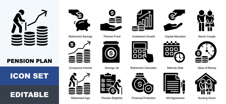 Pension Plan Icon Pack Featuring Retirement Savings, Investment Growth, Capital Allocation, Senior Couple, Compound Interest, Maturity Date, Value of Money, Retirement Age