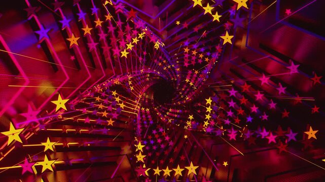 Seamless loop of a star-shaped tunnel. Abstract digital vortex with rhythmic motion and glowing geometric elements, creating a deep perspective background for stage screens and event displays.