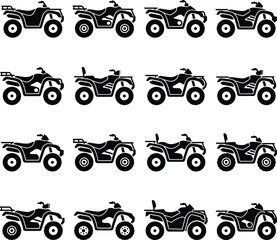 Collection of black silhouette icons of all terrain vehicles atv quad bikes in various styles for outdoor sports © Afrin
