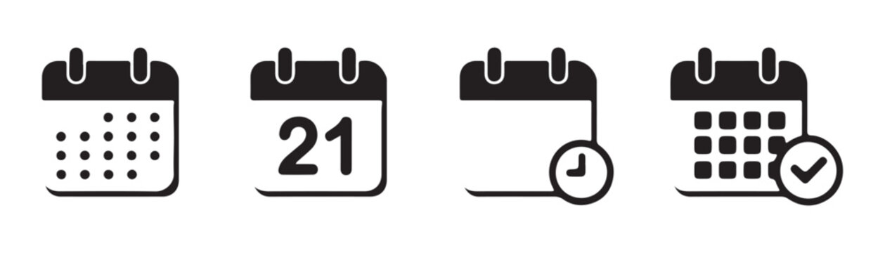 Four black glyph calendar icons with various symbols for scheduling tasks and events on transparent base.