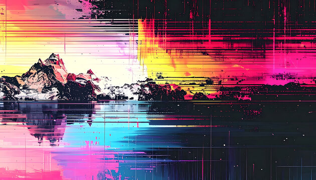 digital glitch sunset landscape with vibrant color distortion, noise interference, datamoshing effect, retro wave aesthetic for modern background design