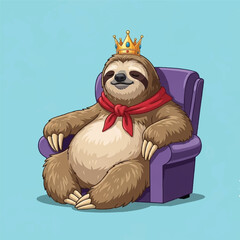 Fototapeta premium Sloth Wearing Crown Sitting on Chair.