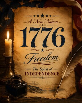 Vintage 1776 Freedom parchment with quill and candle, patriotic American independence document, historical spirit of a new nation concept