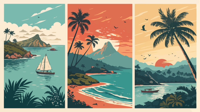 Tropical island landscape set, vintage travel poster style with palm trees, mountains, ocean, sailboat, and sunset beach scenes in a flat vector art