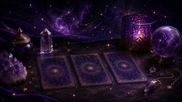 Mystical Tarot Cards with Amethyst Crystals and Purple Candlelight