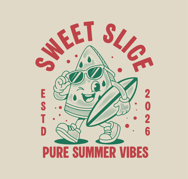 Retro summer watermelon slice character with surfboard and sunglasses. Cute vintage groovy t shirt design for apparel, print, sticker and streetwear graphics